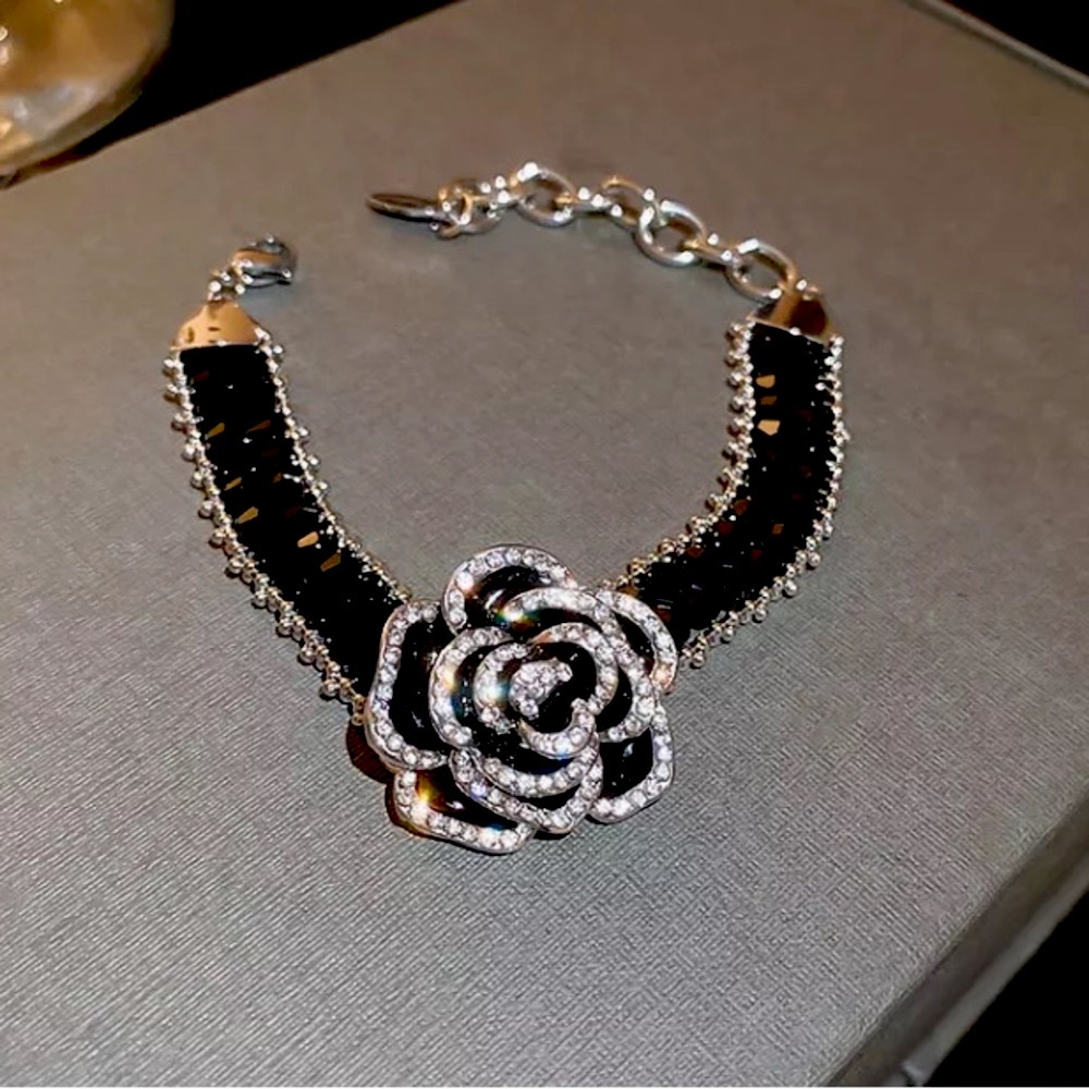 🌟 Gorgeous Black Rhinestone Two Tone Camellia Bracelet
